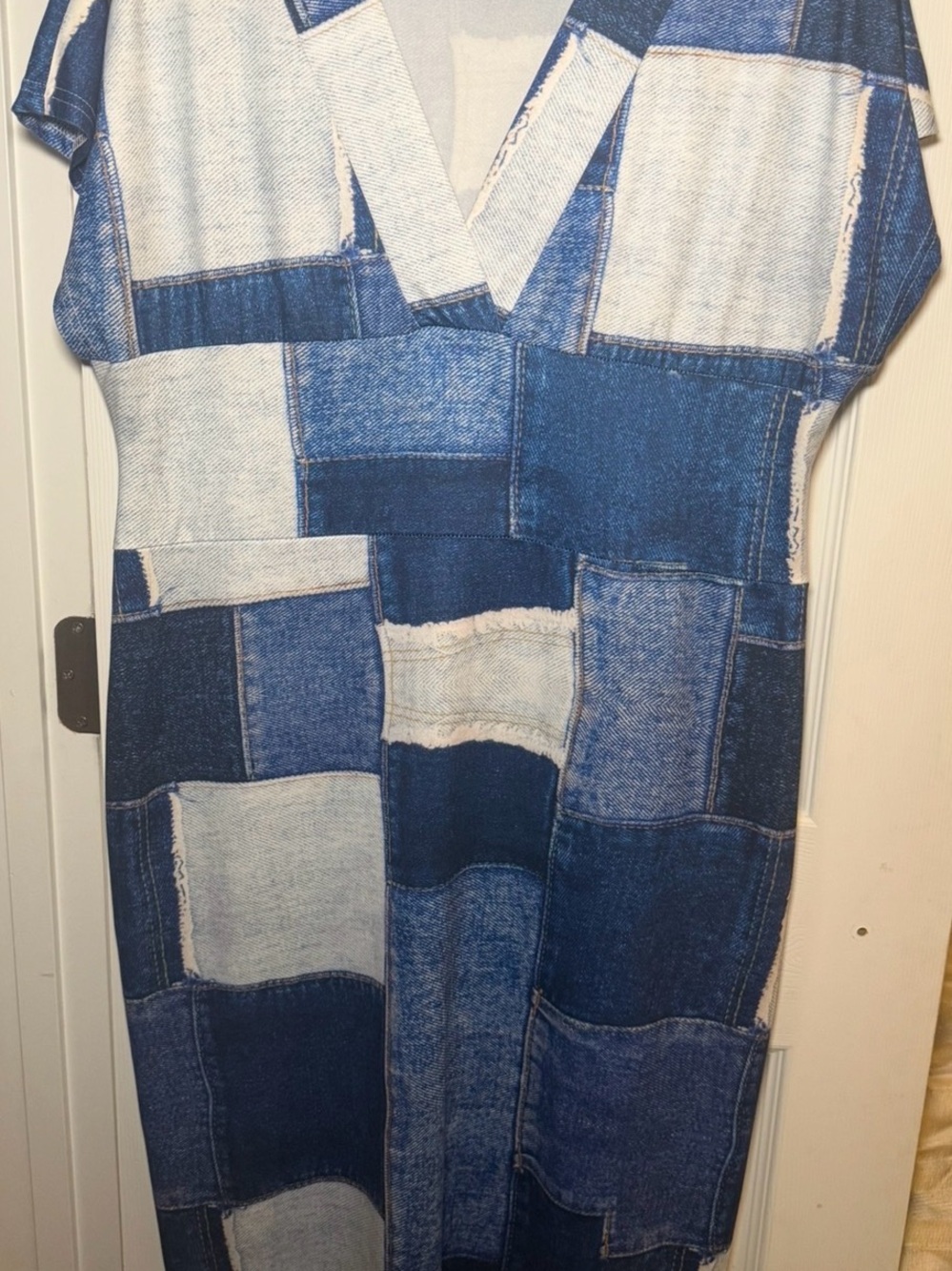 Blue Patchwork V-Neck Women's Dress